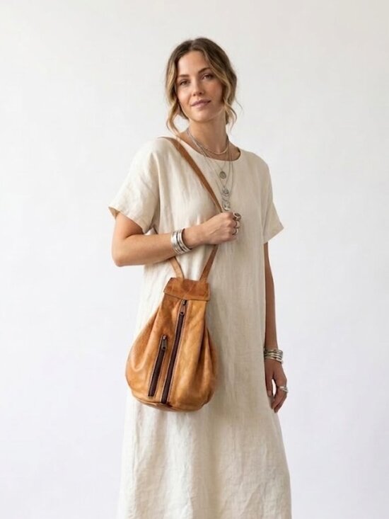 Handbags - Vintage Distressed Leather Sling Bag Backpack Purse Tan Cognac Boho